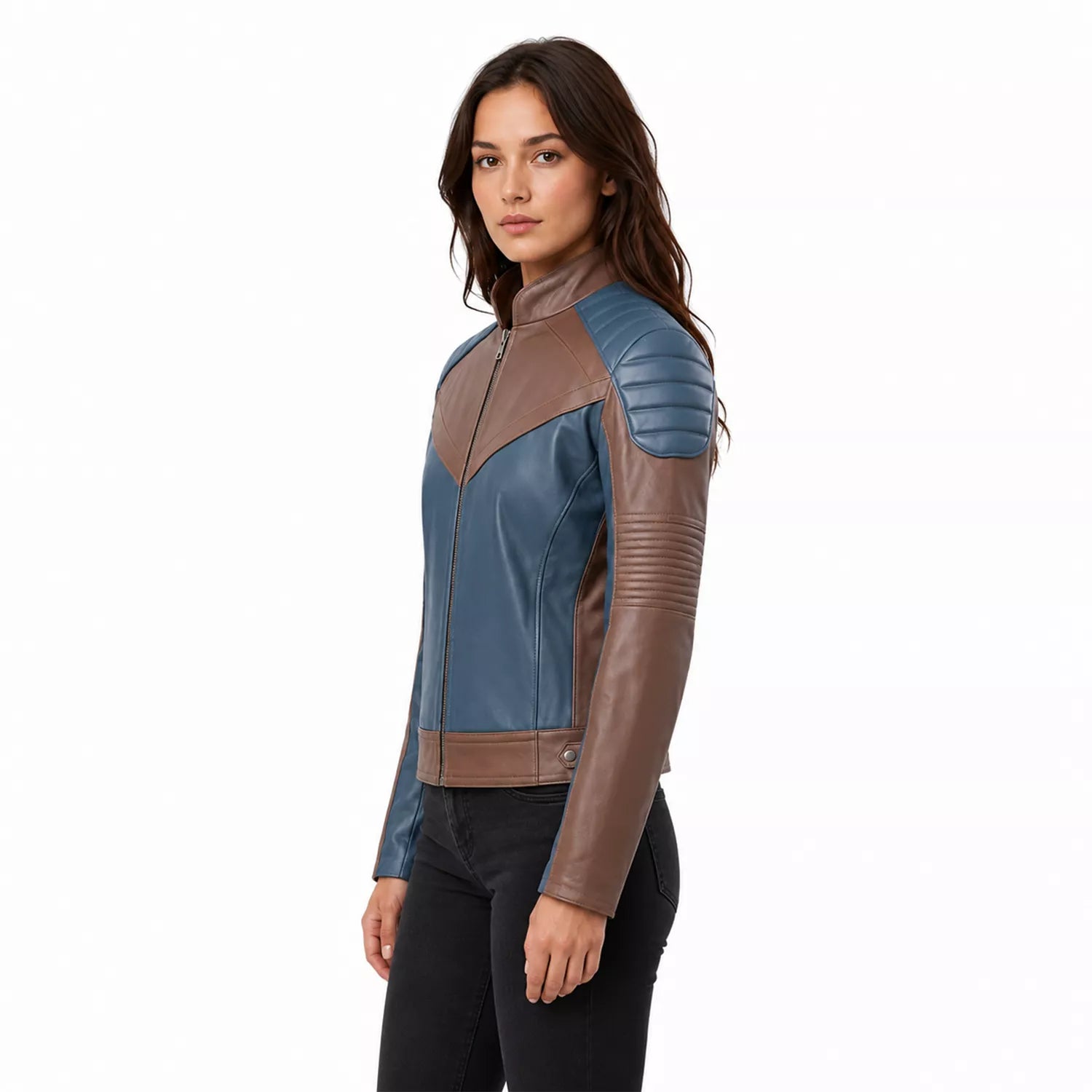 Women’s Blue and Taupe Leather Biker Jacket | Modern Moto Zip Jacket
