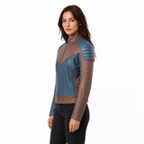 Women’s Blue and Taupe Leather Biker Jacket | Modern Moto Zip Jacket