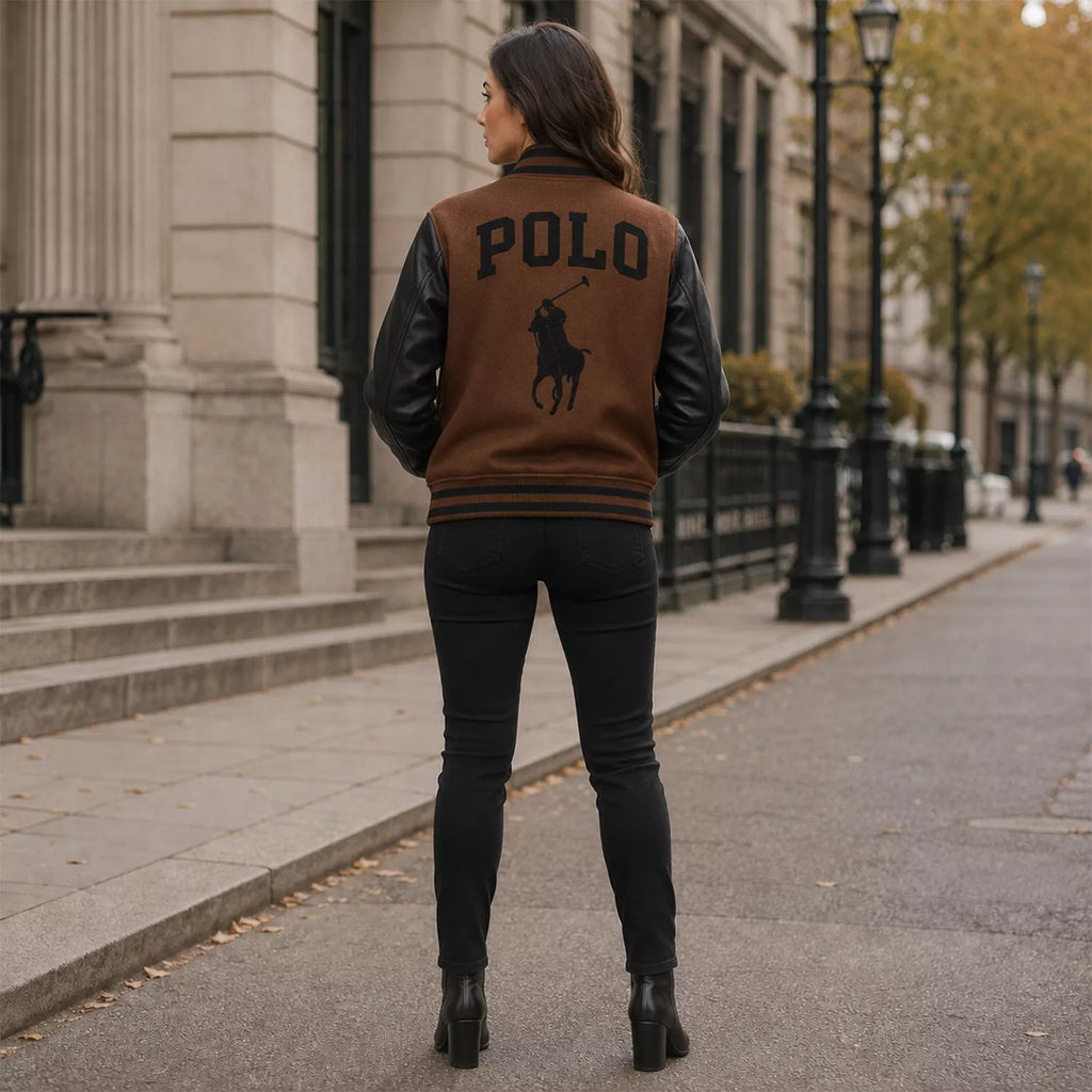 Women's Brown Black Polo Rider Varsity Jacket | Leather Sleeve Letterman Jacket