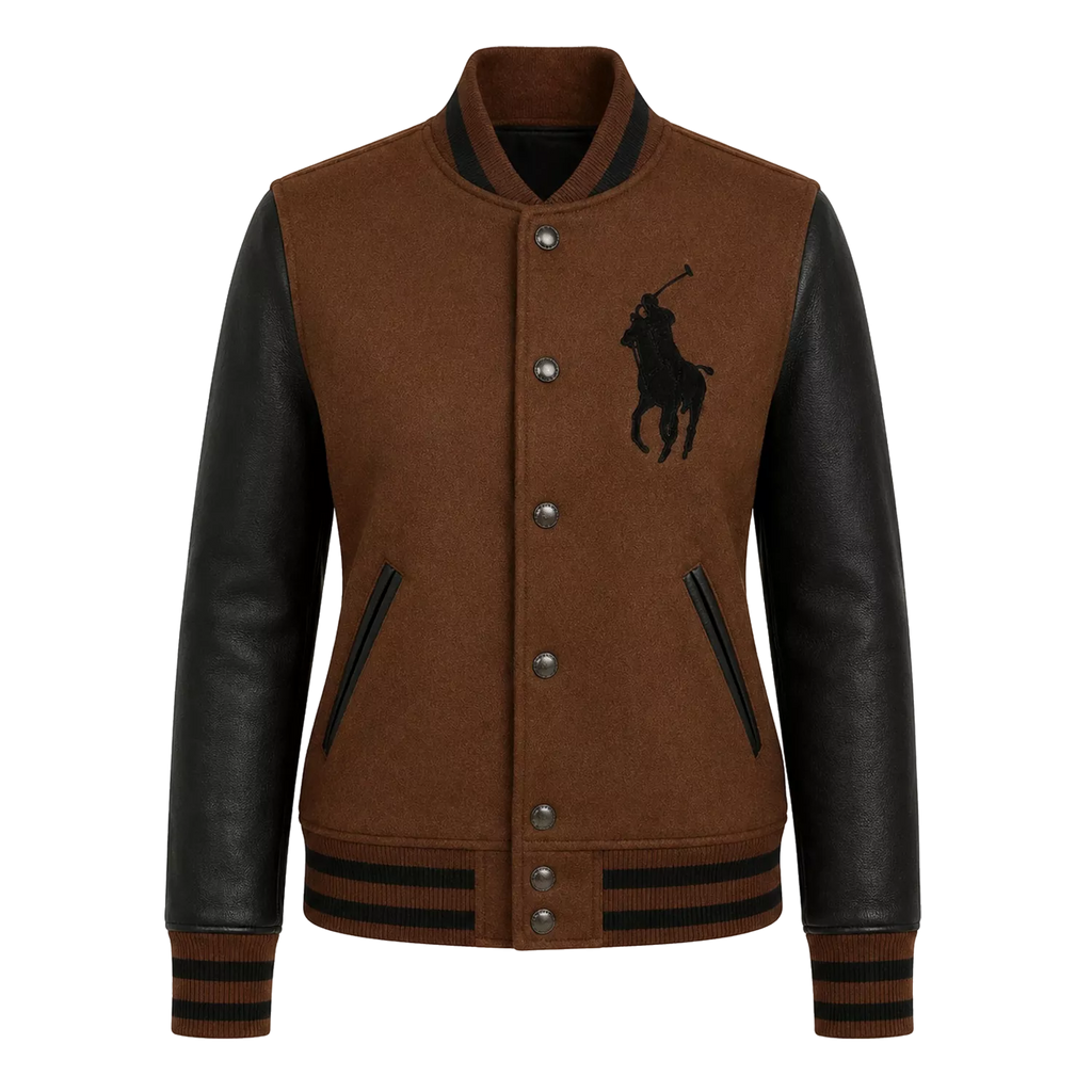 Women's Brown Black Polo Rider Varsity Jacket | Leather Sleeve Letterman Jacket