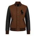 Women's Brown Black Polo Rider Varsity Jacket | Leather Sleeve Letterman Jacket