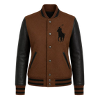 Women's Brown Black Polo Rider Varsity Jacket | Leather Sleeve Letterman Jacket