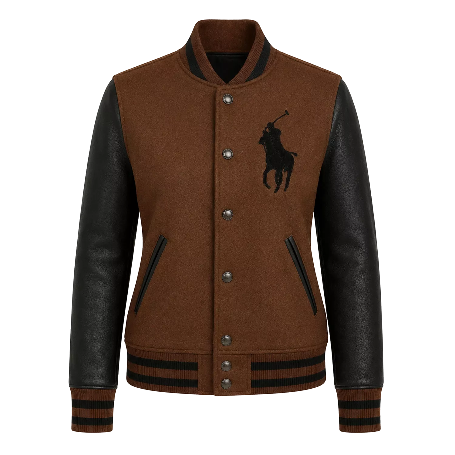 Women's Brown Black Polo Rider Varsity Jacket | Leather Sleeve Letterman Jacket