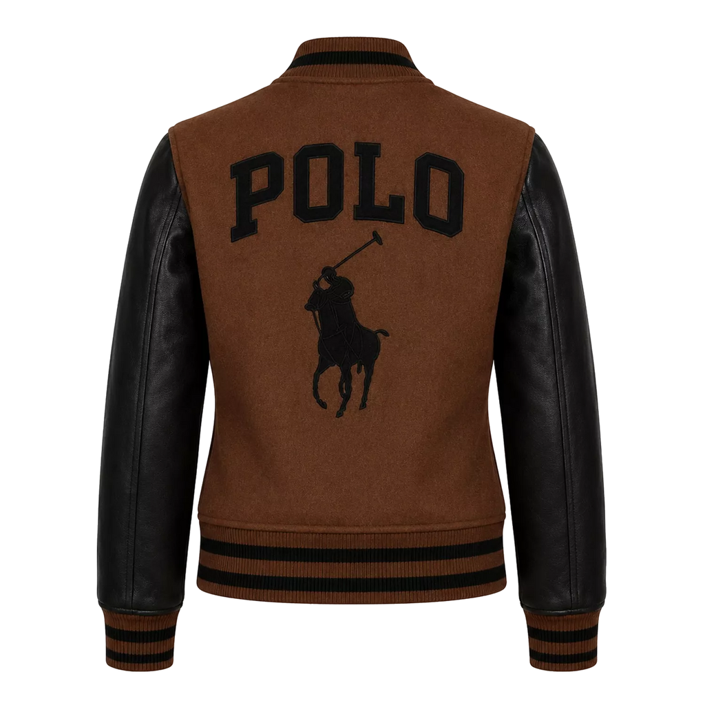 Women's Brown Black Polo Rider Varsity Jacket | Leather Sleeve Letterman Jacket