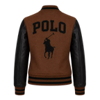 Women's Brown Black Polo Rider Varsity Jacket | Leather Sleeve Letterman Jacket