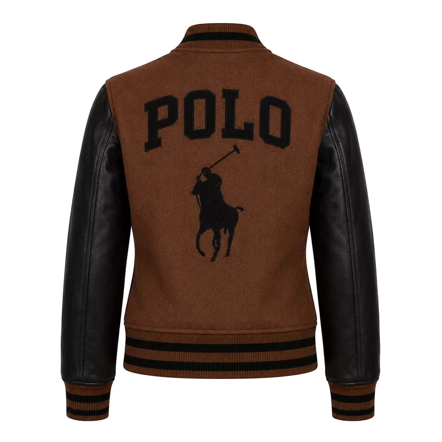 Women's Brown Black Polo Rider Varsity Jacket | Leather Sleeve Letterman Jacket