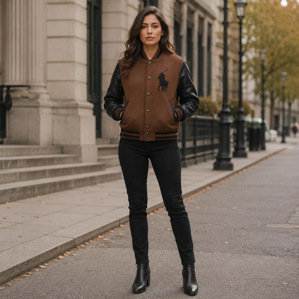 Women's Brown Black Polo Rider Varsity Jacket | Leather Sleeve Letterman Jacket