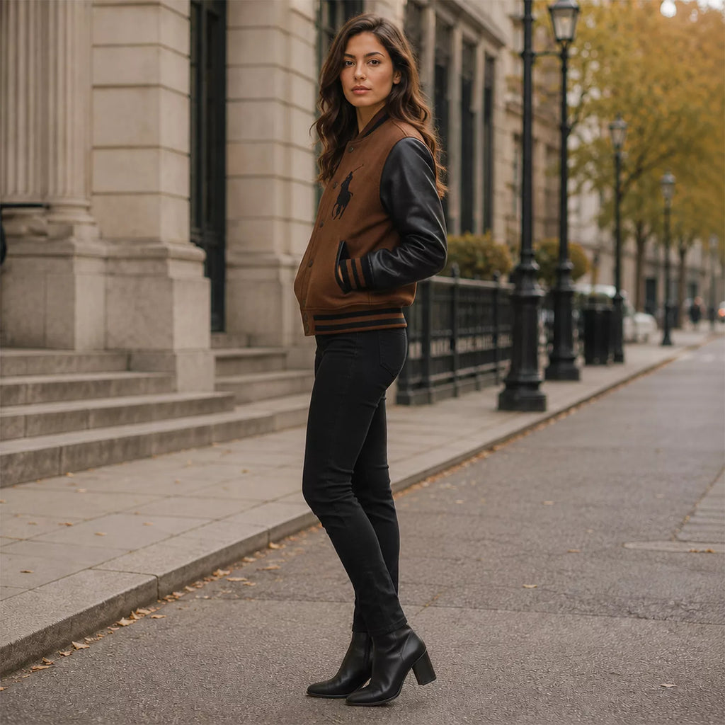 Women's Brown Black Polo Rider Varsity Jacket | Leather Sleeve Letterman Jacket