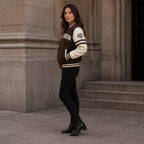 Women's Brown Cream Motorcycle Varsity Jacket | Wool & Leather Sleeve Letterman Jacket
