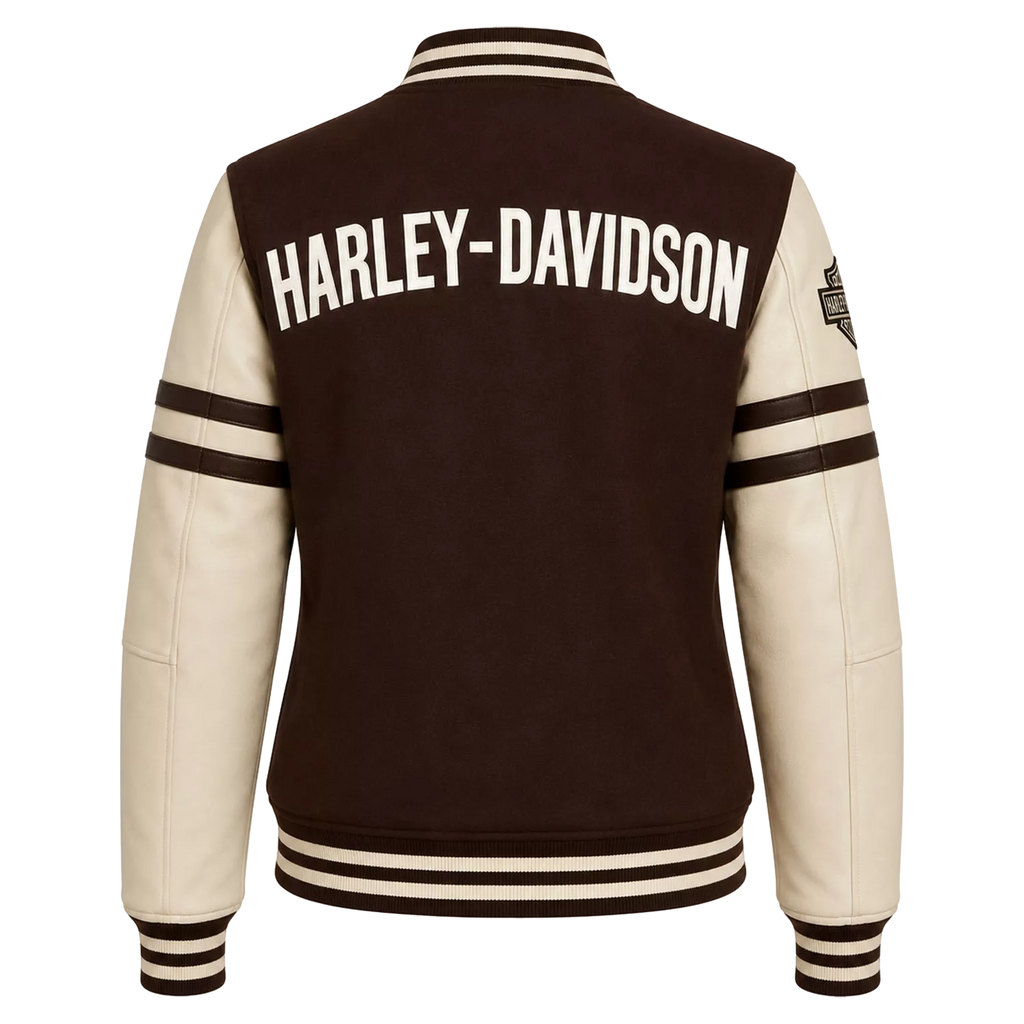 Women's Brown Cream Motorcycle Varsity Jacket | Wool & Leather Sleeve Letterman Jacket