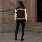 Women's Brown Cream Motorcycle Varsity Jacket | Wool & Leather Sleeve Letterman Jacket