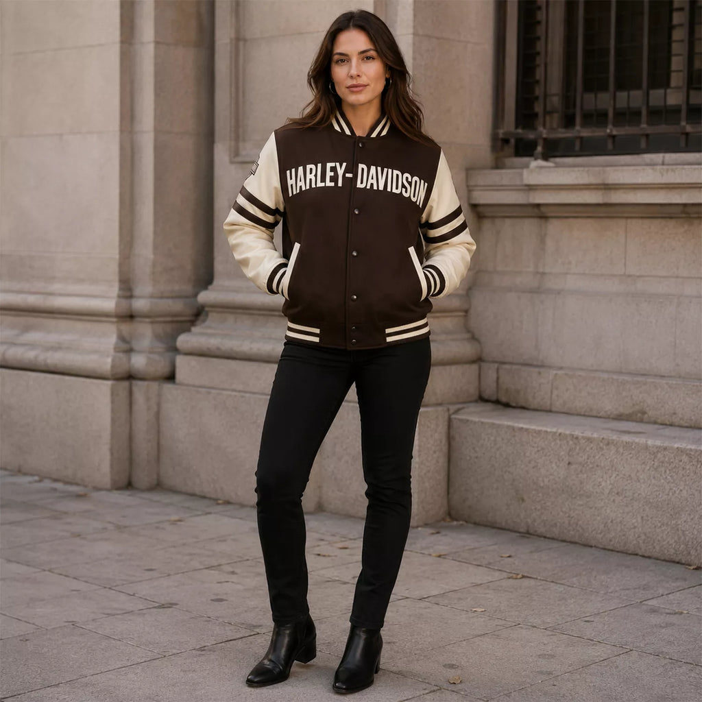 Women's Brown Cream Motorcycle Varsity Jacket | Wool & Leather Sleeve Letterman Jacket