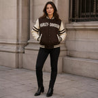 Women's Brown Cream Motorcycle Varsity Jacket | Wool & Leather Sleeve Letterman Jacket