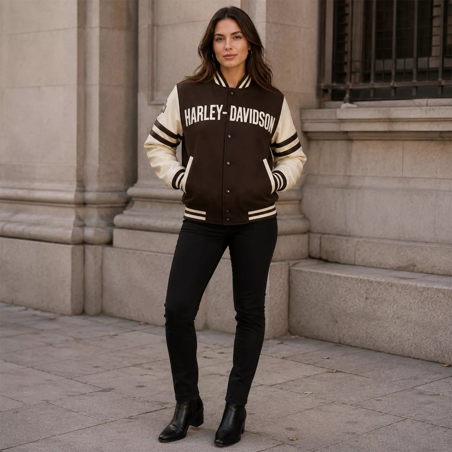 Women's Brown Cream Motorcycle Varsity Jacket | Wool & Leather Sleeve Letterman Jacket