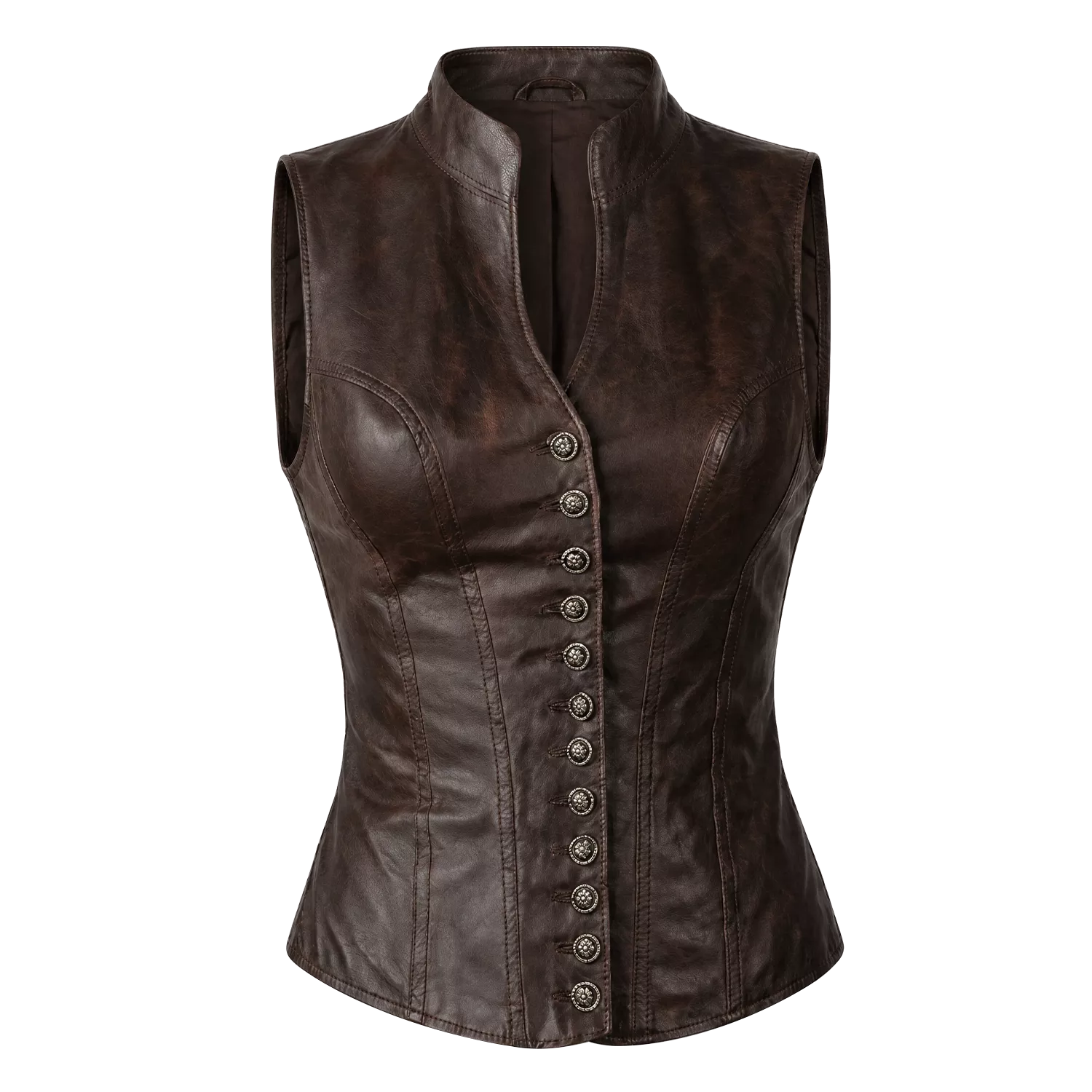 Women’s Brown Distressed Leather Vest | Vintage Button Front Waistcoat