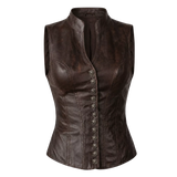 Women’s Brown Distressed Leather Vest | Vintage Button Front Waistcoat