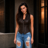 Women’s Brown Distressed Leather Vest | Vintage Button Front Waistcoat