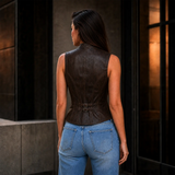 Women’s Brown Distressed Leather Vest | Vintage Button Front Waistcoat