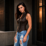 Women’s Brown Distressed Leather Vest | Vintage Button Front Waistcoat