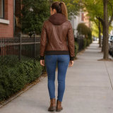 Women’s Brown Hooded Leather Bomber Jacket | Casual Zip-Up Winter Jacket