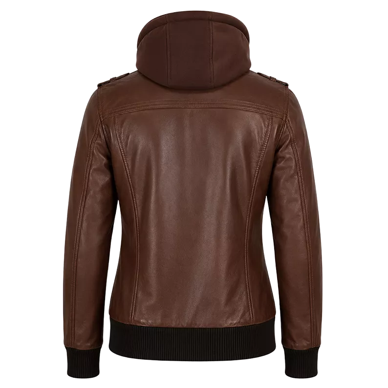 Women’s Brown Hooded Leather Bomber Jacket | Casual Zip-Up Winter Jacket