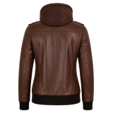 Women’s Brown Hooded Leather Bomber Jacket | Casual Zip-Up Winter Jacket