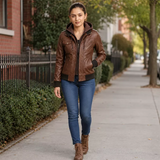 Women’s Brown Hooded Leather Bomber Jacket | Casual Zip-Up Winter Jacket