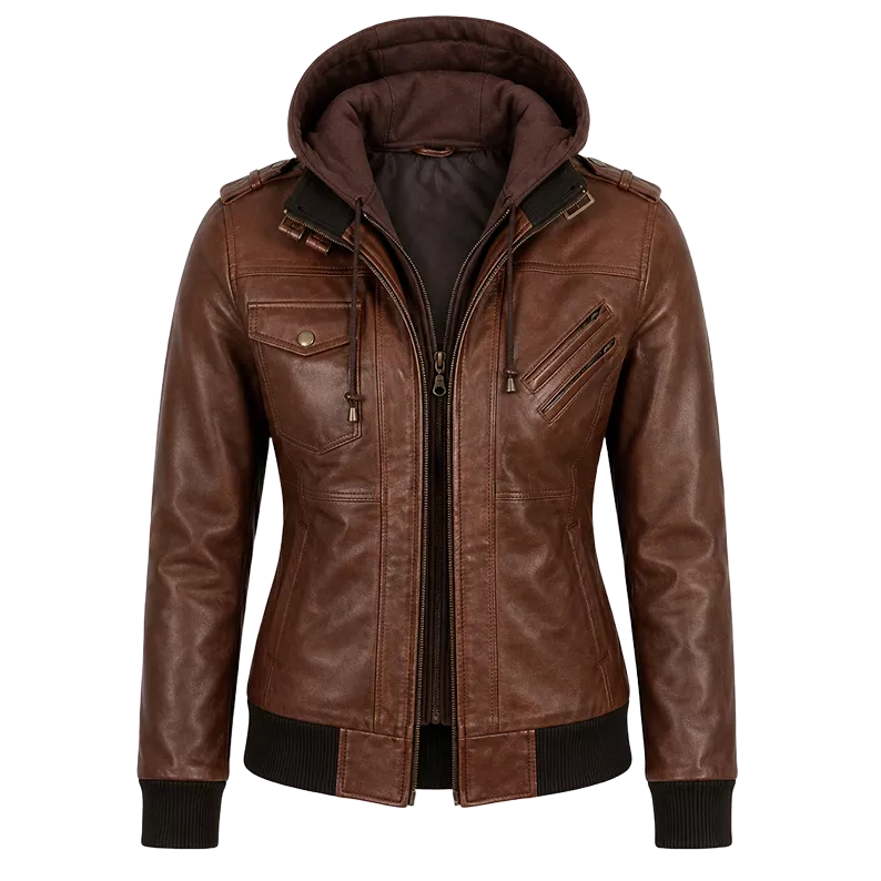 Women’s Brown Hooded Leather Bomber Jacket | Casual Zip-Up Winter Jacket