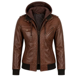Women’s Brown Hooded Leather Bomber Jacket | Casual Zip-Up Winter Jacket