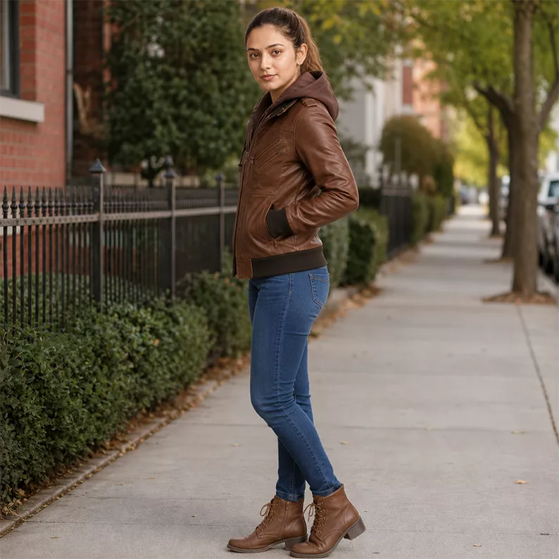 Women’s Brown Hooded Leather Bomber Jacket | Casual Zip-Up Winter Jacket