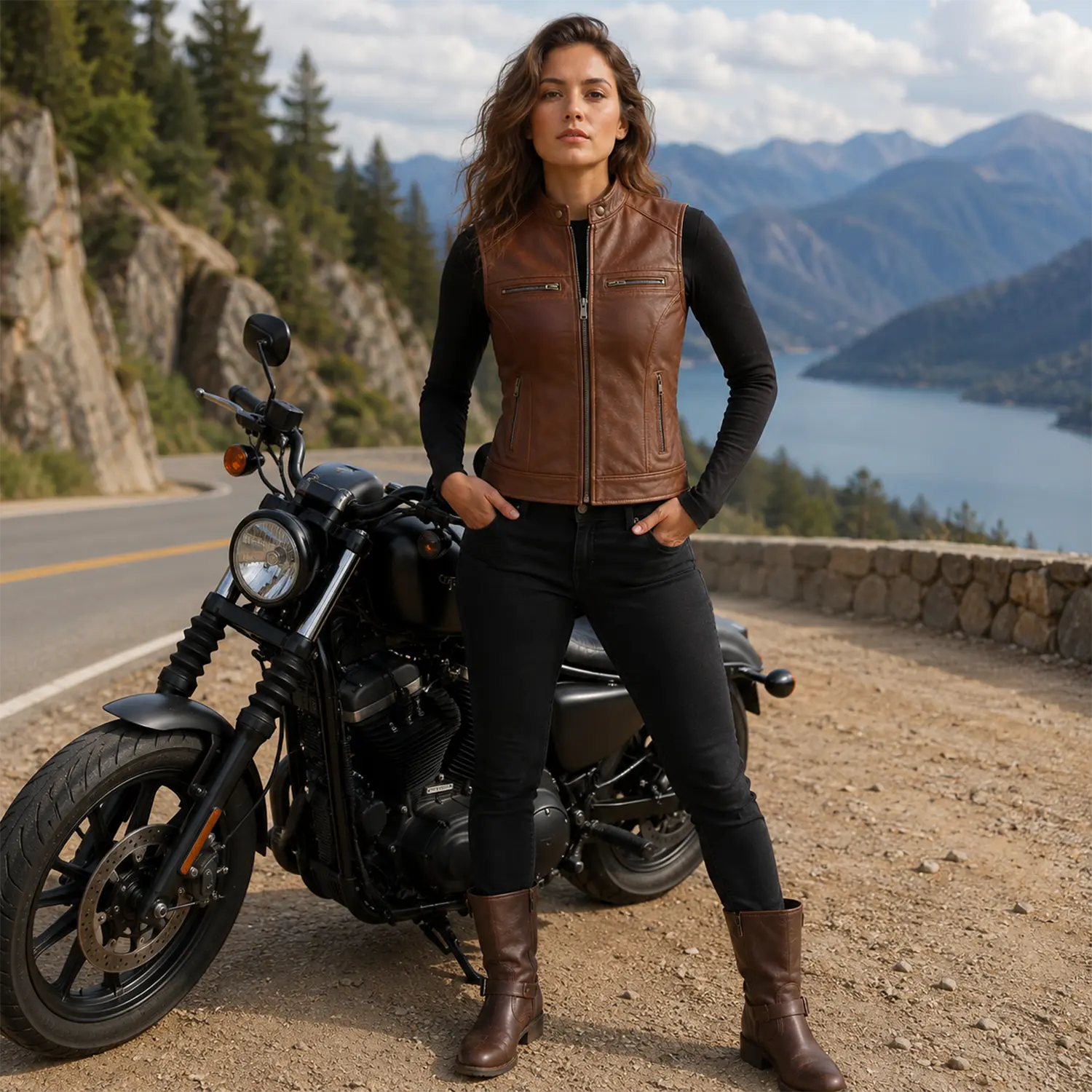 Women’s Brown Leather Waistcoat | Zip Front Sleeveless Biker Vest