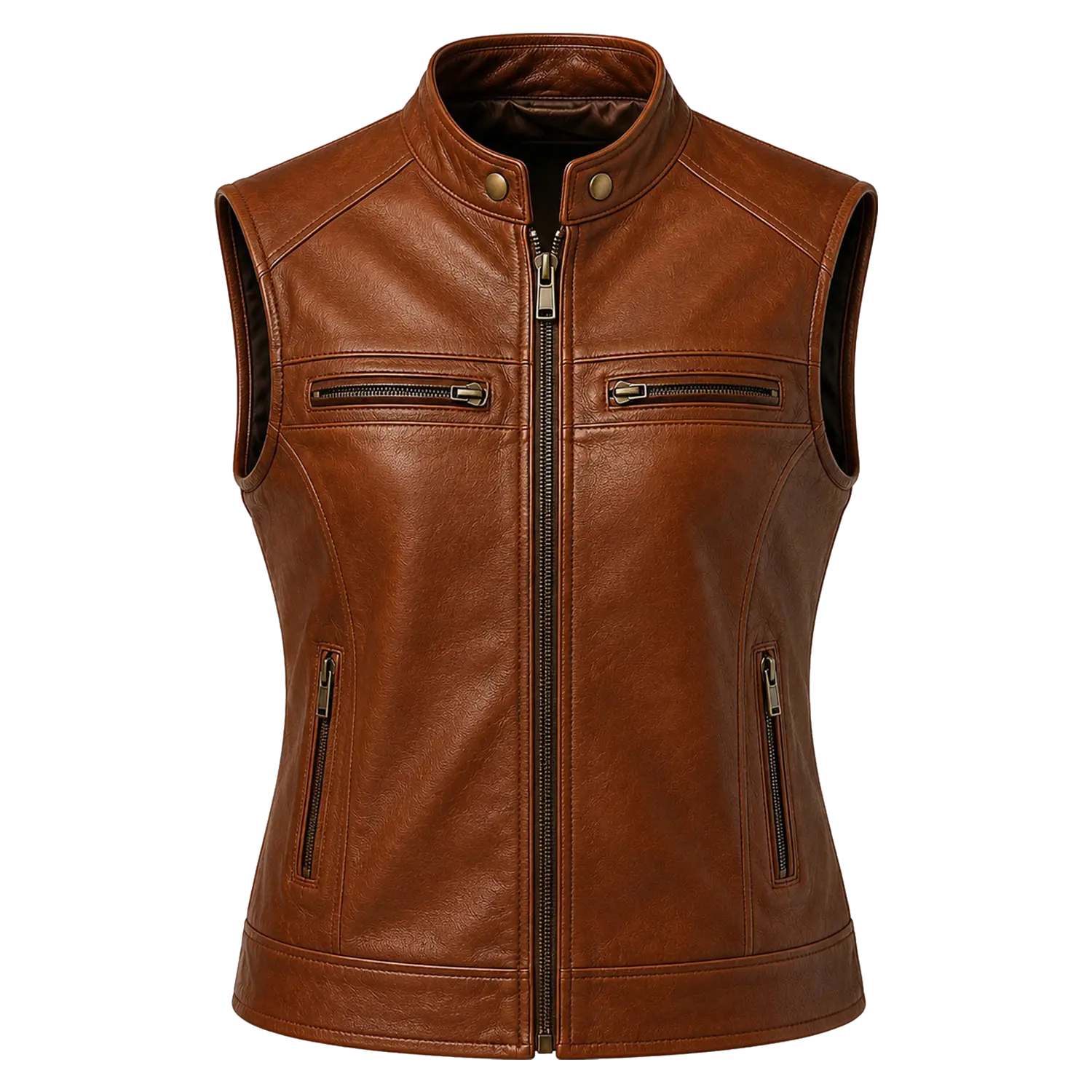 Women’s Brown Leather Waistcoat | Zip Front Sleeveless Biker Vest