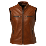 Women’s Brown Leather Waistcoat | Zip Front Sleeveless Biker Vest