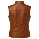 Women’s Brown Leather Waistcoat | Zip Front Sleeveless Biker Vest