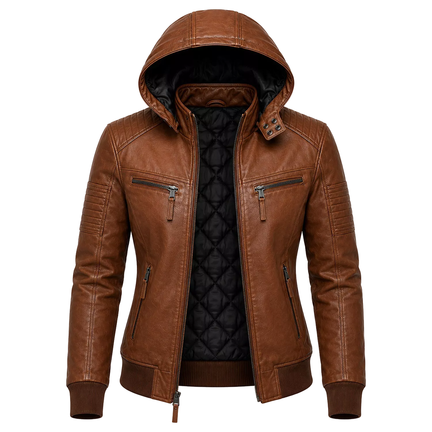 Women’s Brown Maverick Hooded Biker Leather Jacket
