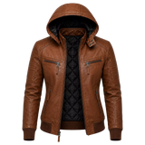 Women’s Brown Maverick Hooded Biker Leather Jacket