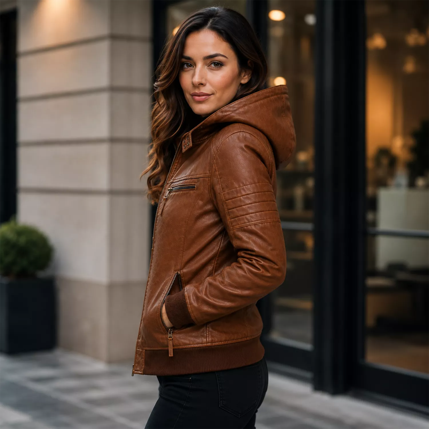 Women’s Brown Maverick Hooded Biker Leather Jacket