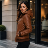 Women’s Brown Maverick Hooded Biker Leather Jacket