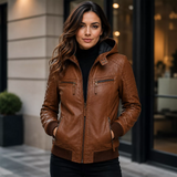 Women’s Brown Maverick Hooded Biker Leather Jacket