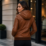 Women’s Brown Maverick Hooded Biker Leather Jacket