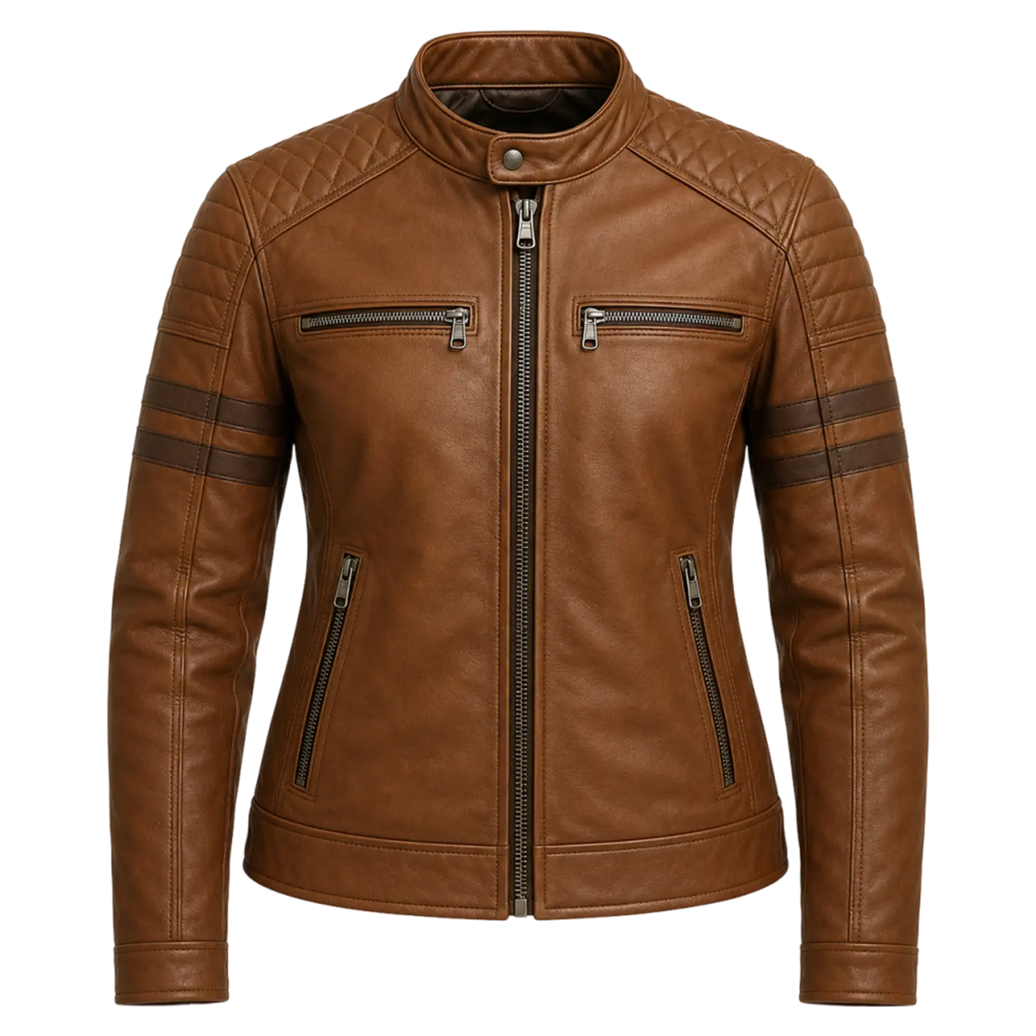 Women’s Brown Quilted Cafe Racer Leather Jacket | Rogue Biker Style