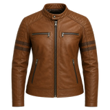 Women’s Brown Quilted Cafe Racer Leather Jacket | Rogue Biker Style