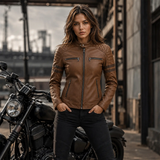 Women’s Brown Quilted Cafe Racer Leather Jacket | Rogue Biker Style