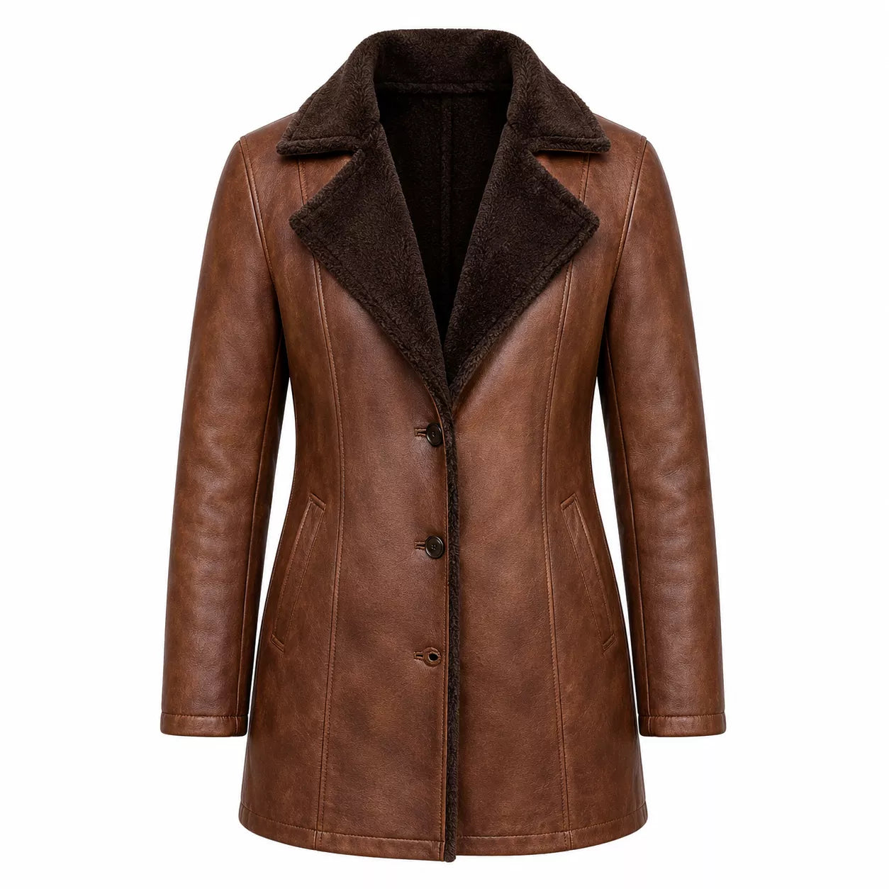 Women’s Brown Shearling-Lined Leather Coat | Warm Button Front Winter Jacket