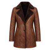 Women’s Brown Shearling-Lined Leather Coat | Warm Button Front Winter Jacket