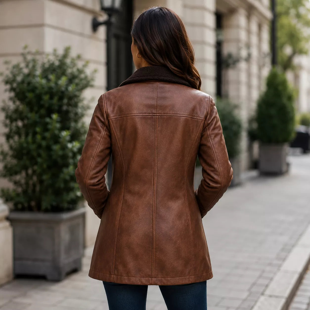 Women’s Brown Shearling-Lined Leather Coat | Warm Button Front Winter Jacket