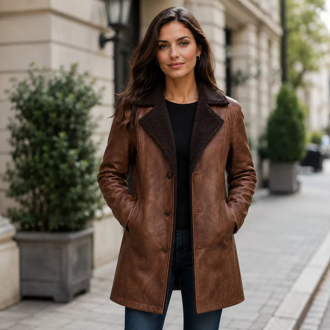 Women’s Brown Shearling-Lined Leather Coat | Warm Button Front Winter Jacket