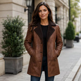Women’s Brown Shearling-Lined Leather Coat | Warm Button Front Winter Jacket