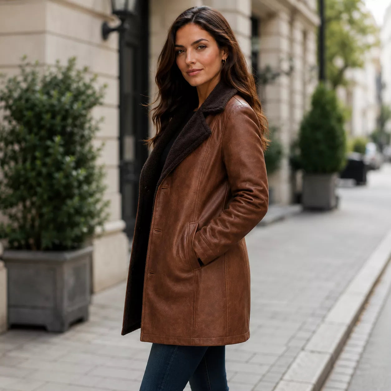 Women’s Brown Shearling-Lined Leather Coat | Warm Button Front Winter Jacket