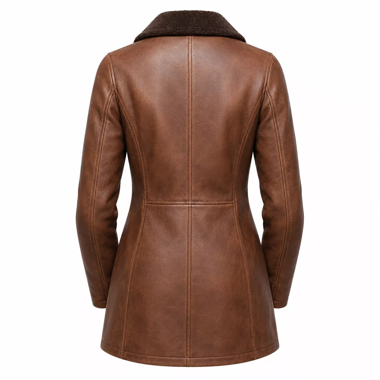 Women’s Brown Shearling-Lined Leather Coat | Warm Button Front Winter Jacket